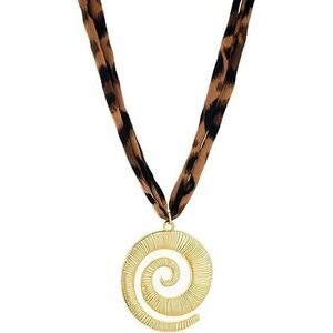 Gold Spiral Pendant Leopard Print Fabric Cord Statement Necklace Boho Safari